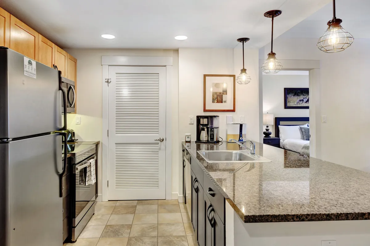 A close-up view of a kitchen area, highlighting a granite countertop, stainless steel appliances, and elegant pendant lighting. The modern culinary setup is visible, suggesting ease of use for both everyday routines and special occasions.