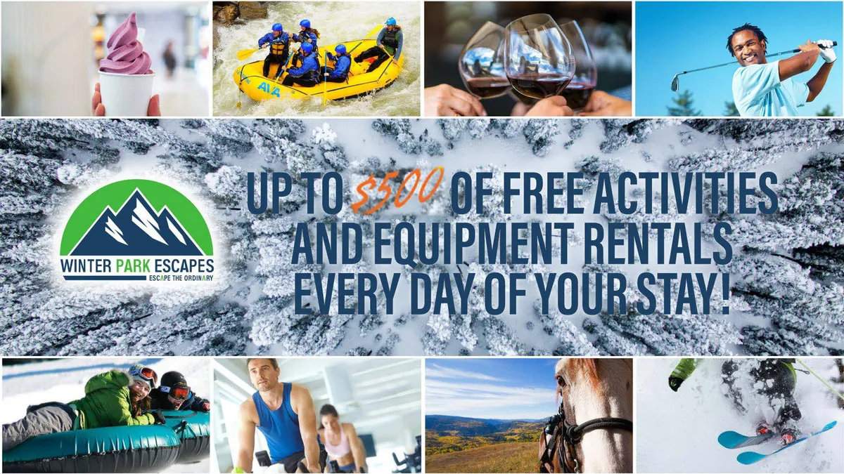 A vibrant collage of adventure and leisure activities, including white-water rafting, elegant outdoor dining, skiing, horseback riding, ice cream treats, and golfing. The images feature people actively participating in these pursuits in scenic mountain and river settings, emphasizing both excitement and relaxation.
