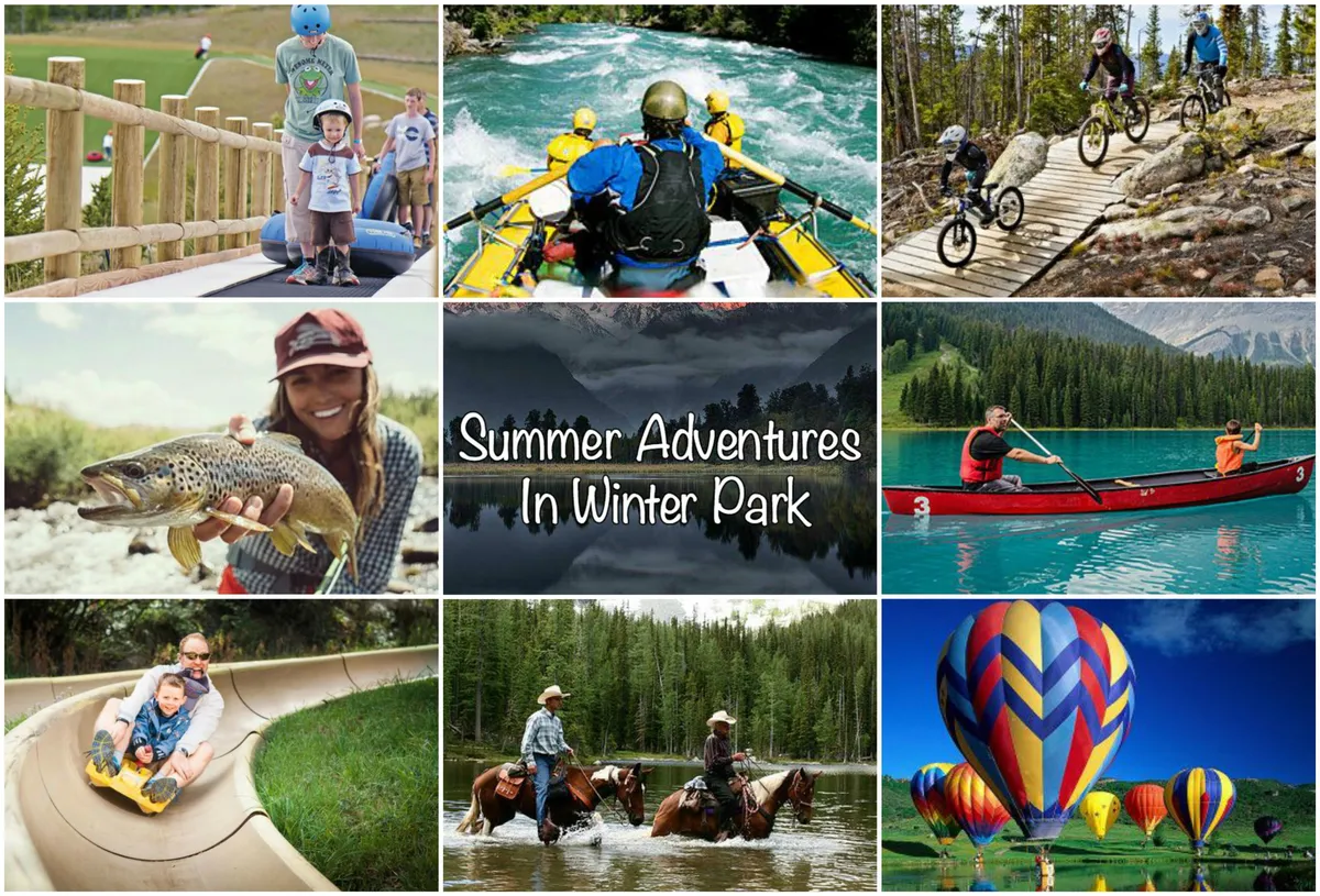 This dynamic interior montage features families engaged in outdoor adventures such as river rafting, mountain biking, fishing, horseback riding, and sliding. The image exudes a sense of joy and adventure, speaking to the diversity of family-friendly summer activities accessible nearby.
